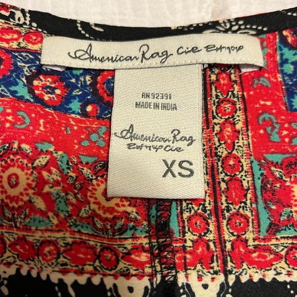 American Rag Boho Mini Dress Patchwork Bell Sleeve Scarf Tunic Flare Bandana XS - Picture 9 of 9